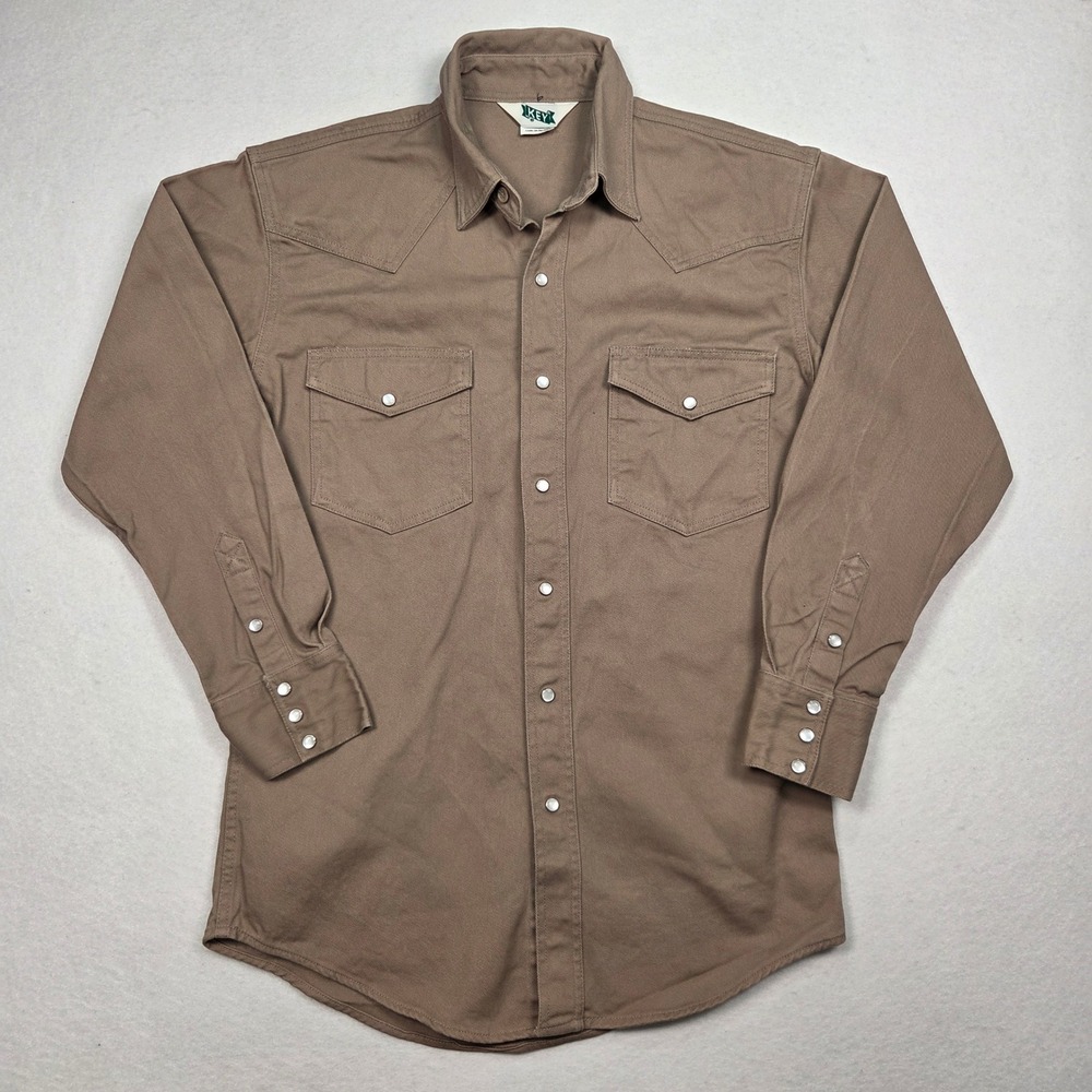Vtg Key Western Peal Snap Work Shirt Mens M Brown Long Sleeve Cotton Workwear